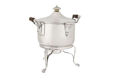 Lot 85 - An early 19th century Indian colonial silver curry and milk pan with egg coddler upon a matched burner stand, Calcutta circa 1830 by Hamilton and Co
