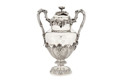 Lot 75 - Indian colonial interest – A fine William IV sterling silver twin handled cup and cover, London 1830 by messrs Barnard