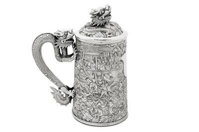 Lot 161 - A large late 19th century Chinese Export silver lidded mug or tankard, Canton circa 1880 by Qiu Ji, retailed by Lee Ching of Canton and later Hong Kong