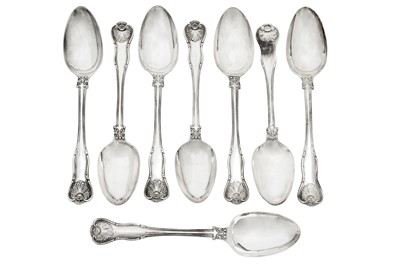 Lot 223 - A set of seven early Victorian sterling silver tablespoons, London 1839 by Mary Chawner
