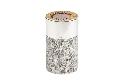 Lot 254 - An Elizabeth II modernist parcel gilt sterling silver mounted rhodonite cigarette cannister, Birmingham 1978 by Mappin and Webb