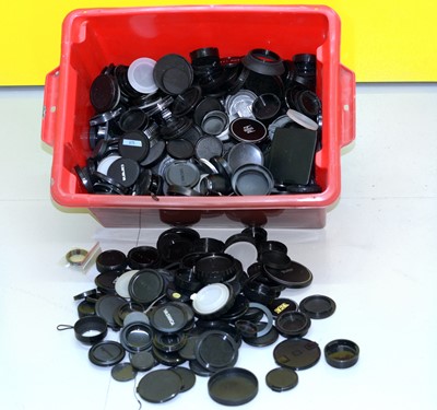 Lot 469 - A LARGE Red Crate of Lens & Body Caps