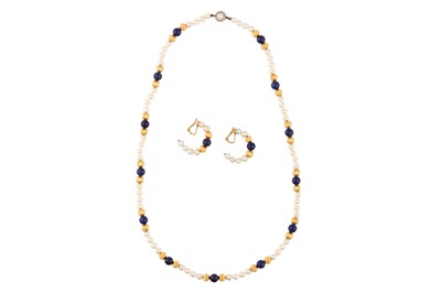 Lot 34 - A PEARL, LAPIS LAZULI AND DIAMOND SUITE