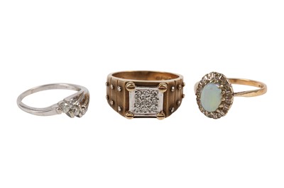 Lot 21 - AN OPAL AND DIAMOND CLUSTER RING AND TWO DIAMOND RINGS