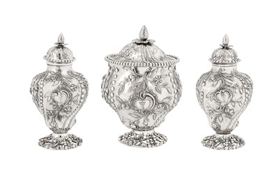 Lot 450 - Jacobite interest – An early George III sterling silver tea caddy and sugar bowl suite, London 1760 by Christopher Makemeid (first reg. 29th Nov 1758)