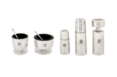 Lot 256 - An Elizabeth II modernist sterling silver five-piece condiment set, London 1965/66 by Gerald Benney (1930-2008)
