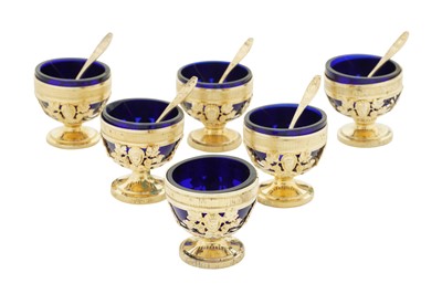 Lot 196 - A set of six early 20th century German 800 standard silver gilt small salts, Heilbronn circa 1910 by Bruckmann and Söhne