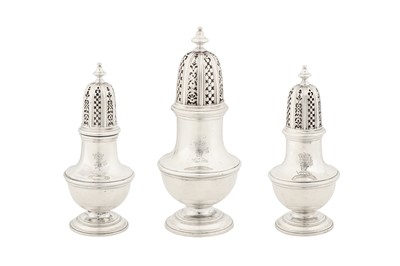 Lot 478 - A graduated set of three mid-18th century unmarked silver casters, possibly West Indian colonial, Antiguan circa 1730-40