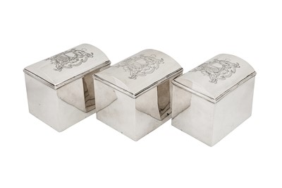 Lot 449 - Earl of Buckinghamshire – A George III sterling silver tea caddies and sugar box suite, London 1768 by Aaron and William Lestourgeon (reg. 17th Nov 1767)