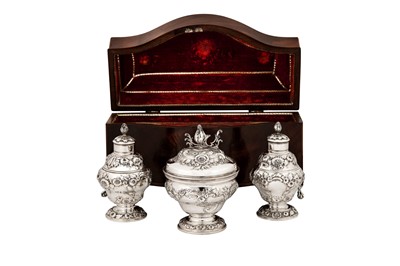 Lot 451 - A cased George II sterling silver tea caddy and sugar bowl suite, London 1750 by Samuel Taylor (reg. 3rd May 1744)