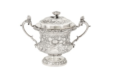 Lot 371 - A large George IV sterling silver twin handled covered sugar bowl, London 1825 by Joseph Angell