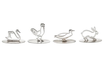 Lot 53 - A cased set of four George V novelty sterling silver menu holders, Birmingham 1912 by C & C Hodgetts