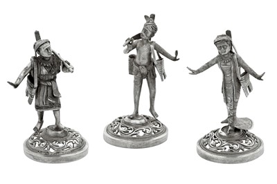 Lot 126 - A set of three late 19th / early 20th century Burmese unmarked silver menu holders, Rangoon circa 1910