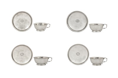 Lot 74 - Raja of Coorg – An extremely rare set of four George III sterling silver tea cups and saucers, London 1801 by Robert, David and Samuel Hennell (reg. 5th Jan 1802)