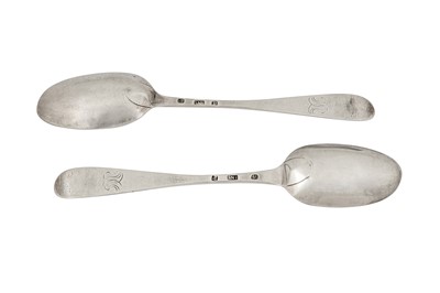 Lot 387 - A pair of George II Scottish provincial silver tablespoons, Inverness circa 1740 by John Baillie (c.1703 - 1753)