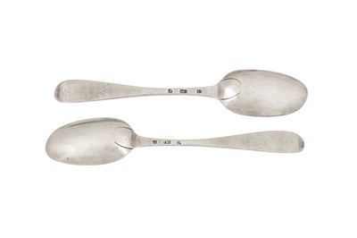 Lot 388 - A pair of George II Scottish provincial silver tablespoons, Inverness circa 1740 by John Baillie (c.1703 - 1753)