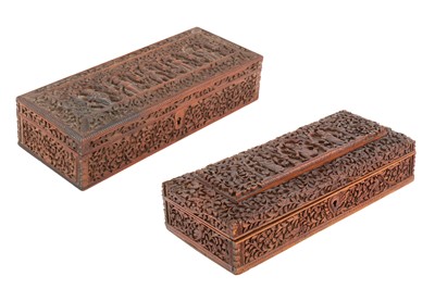 Lot 461 - TWO CARVED SANDALWOOD BOXES WITH HINDU DEITIES AND DEVOTEES