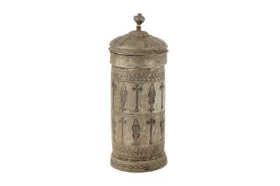Lot 364 - AN ENGRAVED TINNED COPPER ARMENIAN CIBORIUM WITH CHRISTIAN SYMBOLS