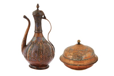 Lot 307 - AN OTTOMAN COPPER SAHAN LIDDED DISH AND AN OTTOMAN KAYSERI ENAMELLED COPPER EWER