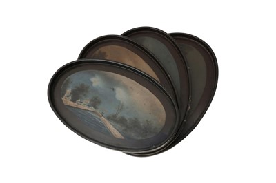 Lot 856 - A SET OF FOUR CHINESE FUZHOU (FOOCHOW) PAINTED LACQUER TRAYS
