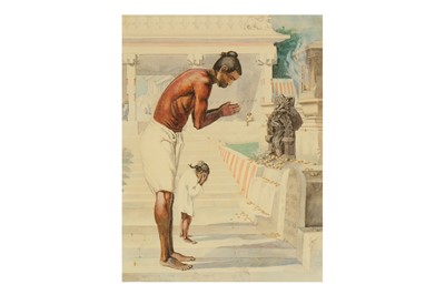 Lot 466 - AN INDIAN VILLAGE MAN AND HIS DAUGHTER PERFORMING A PUJA