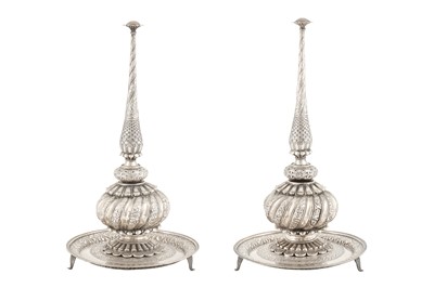 Lot 456 - A RARE PAIR OF EARLY 19TH CENTURY MUGHAL INDIAN SILVER ROSEWATER SPRINKLERS (GULAB PASH) AND STANDS (THAL)