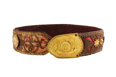 Lot 332 - AN OTTOMAN CEREMONIAL VELVET AND LEATHER BELT WITH TOMBAK STUDS AND FITTINGS