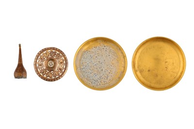 Lot 308 - TWO OTTOMAN GILT-COPPER (TOMBAK) ELEMENTS AND TWO MERCURY-GILT PLATES