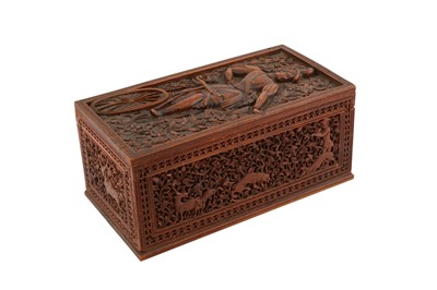 Lot 462 - A CARVED SANDALWOOD ANGLO-INDIAN BOX WITH A CYCLING MAIDEN AND HUNTING SCENES