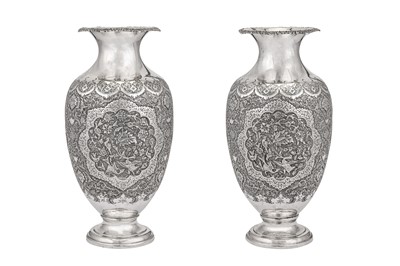 Lot 390 - A PAIR OF MID-20TH CENTURY IRANIAN (PERSIAN) SILVER VASES