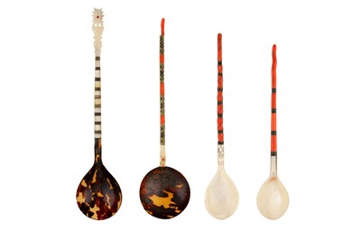Lot 324 - λ FOUR OTTOMAN SHERBET SPOONS WITH MOTHER-OF-PEARL AND CORAL HANDLES