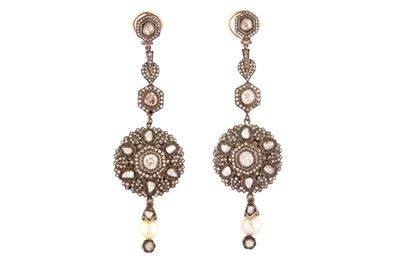 Lot 330 - A PAIR OF OTTOMAN PENDENT SILVER EARRINGS SET WITH EUROPEAN DIAMONDS AND PEARLS