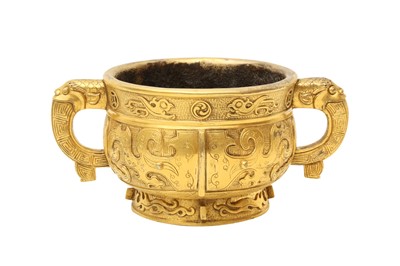 Lot 49 - A CHINESE GILT-BRONZE ARCHAISTIC CENSER, GUI