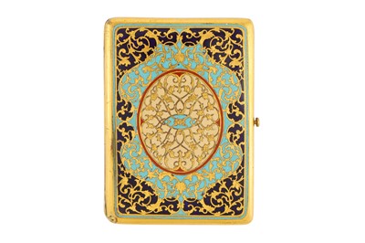 Lot 381 - A POLYCHROME-ENAMELLED PARCEL-GILT ELKINGTON & CO. CARD CASE WITH ISLAMIC VEGETAL DESIGN