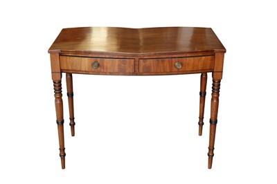 Lot 360 - A VICTORIAN MAHOGANY AND EBONISED BOW FRONT SIDE TABLE