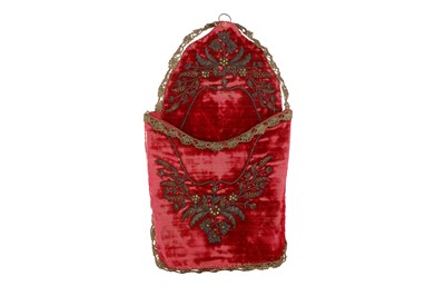 Lot 244 - A WALL-HANGING METAL THREAD-EMBROIDERED VELVET POCKET CASIER
