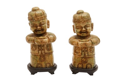 Lot 209 - A PAIR OF CHINESE HARDSTONE CARVINGS OF BOYS, 20TH CENTURY