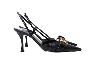 Lot 292 - λ Louis Vuitton Black Lizard Embellished Sling Back Heeled Pump - Size 38