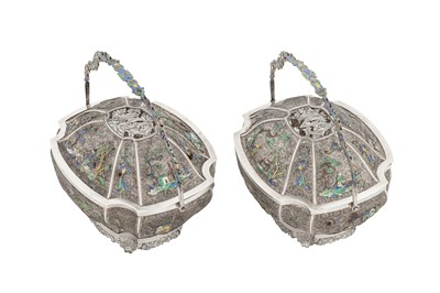 Lot 137 - A pair of mid-19th century Chinese export unmarked silver filigree and enamel baskets, Canton circa 1860