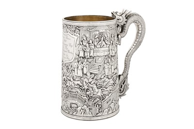 Lot 163 - Penang interest – A rare mid-19th century Chinese export silver mug, Canton dated 1869 by Shan, mark of Khecheong