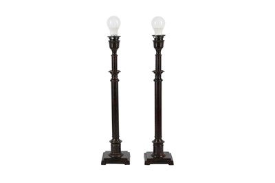 Lot 594 - A PAIR OF CONTEMPORARY BRONZED METAL TABLE LAMPS OF COLUMNAR FORM