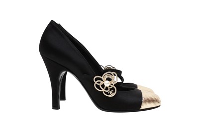 Lot 63 - Chanel Black Camelia Crystal Heeled Pump - Size 37