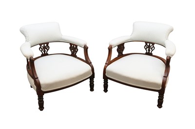 Lot 529 - A PAIR OF LATE VICTORIAN WALNUT SALON TUB CHAIRS