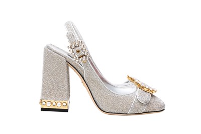 Lot 143 - Dolce & Gabbana Silver Embellished Sling Back Pump - Size 36.5