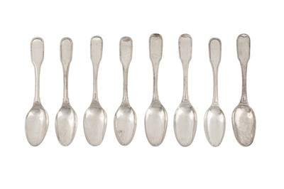 Lot 223 - A matched set of eight late 18th century German silver tablespoons, four Nurenburg 1785-89 by Johann Friedrich Kramer (meister 1781)