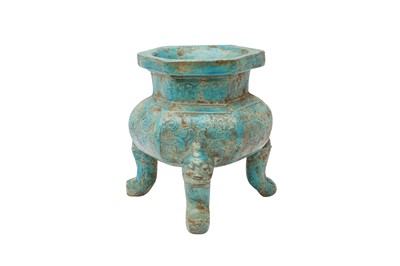 Lot 51 - A CHINESE MONOCHROME TURQUOISE-GLAZED TRIPOD CENSER
