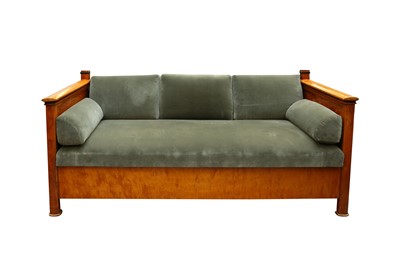 Lot 493 - A BIEDERMEIER STYLE SATIN BIRCH THREE SEATER SETTEE