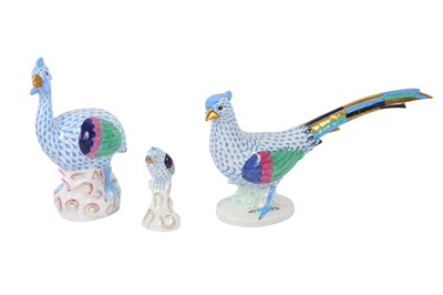 Lot 152 - THREE HEREND BLUE FISHNET PORCELAIN ANIMAL FIGURES, 20TH CENTURY