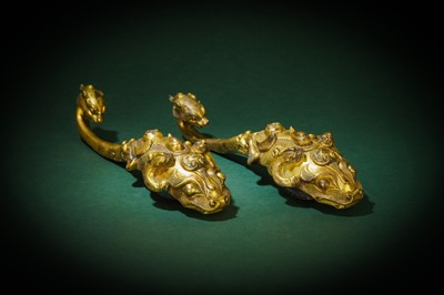 Lot 56 - A PAIR OF LARGE CHINESE GILT-BRONZE GARMENT HOOKS, DAIGOU