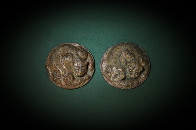 Lot 139 - A PAIR OF CHINESE GOLD- AND SILVER-INLAID BRONZE 'TIGER' MAT WEIGHTS